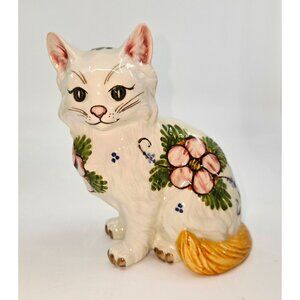 Handpainted Delft Style Ceramic Cat Figurine 5.5" Tall With Floral Design